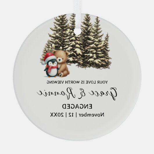 クリスマスパインツリーベアペンギンカップル婚約 ガラスオーナメント (裏面)