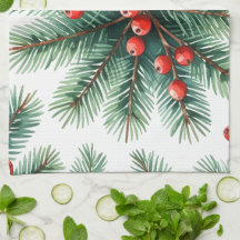 クリスマスパインブランチ＆レッドベリーキッチンタオル