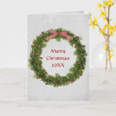 クリスマスパインリースと赤いギンガムボウ カード (黄色い花)