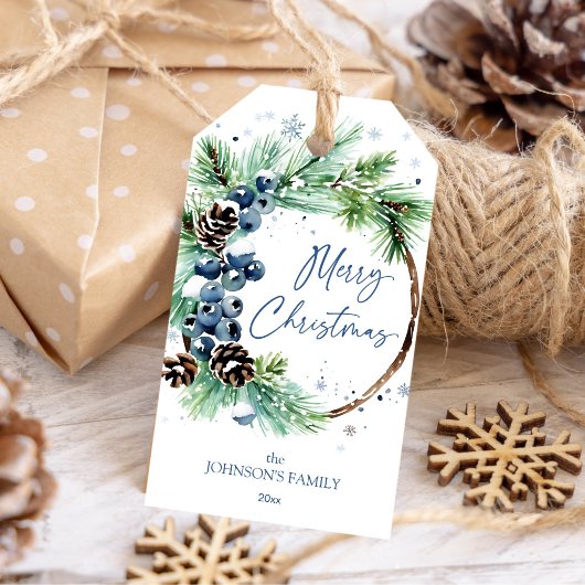 クリスマスパインリースブルーウィンターベリー ギフトタグ
