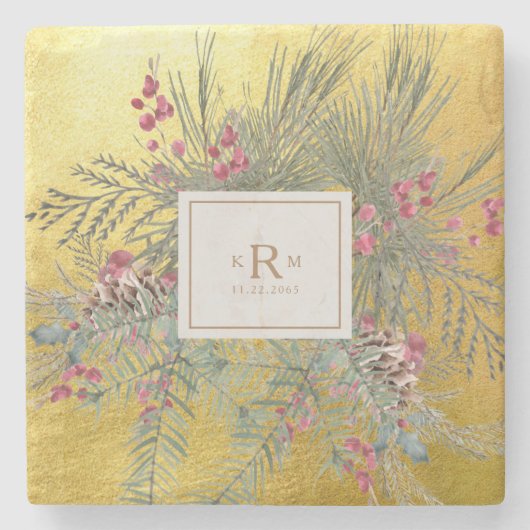 クリスマスパイン植物学金ゴールドモノグラム ストーンコースター (正面)