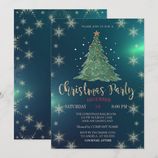 クリスマスパイン ツリー 緑の会社のパーティー 招待状 (正面/裏面)