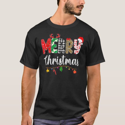 クリスマスパジャマスヒョウ赤い格子模様メリークリスマス Tシャツ (正面)