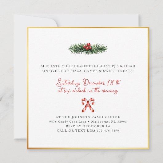 クリスマスパジャマパーティの招待状とキャンディーケーン 招待状 (裏面)