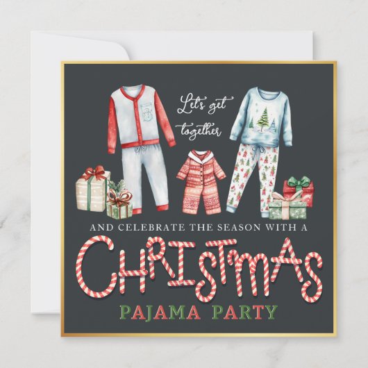 クリスマスパジャマパーティの招待状とキャンディーケーン 招待状 (正面)