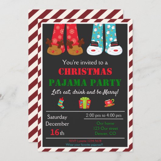 クリスマスパジャマパーティの招待状ホリデーパジャマ 招待状 (正面/裏面)