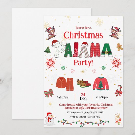 クリスマスパジャマパーティーに子供たちを誘う 招待状 (正面/裏面)