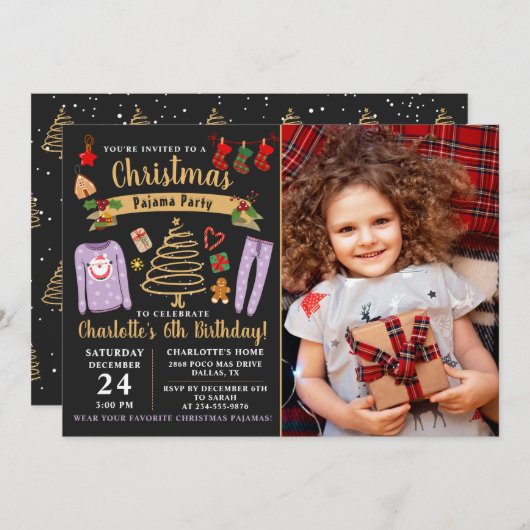 クリスマスパジャマパーティーガール誕生日写真 招待状 (正面/裏面)