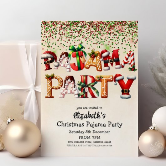 クリスマスパジャマパーティーキャンディーケーンサンタハットデザイン 招待状