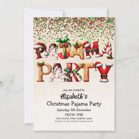 クリスマスパジャマパーティーキャンディーケーンサンタハットデザイン 招待状 (正面)