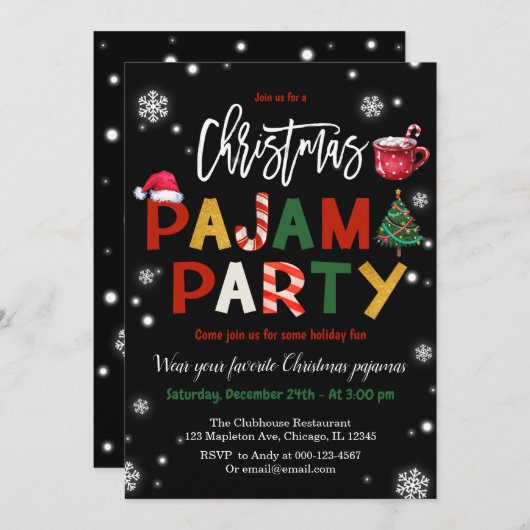 クリスマスパジャマパーティーシャルボードホリデーパーティー 招待状 (正面/裏面)