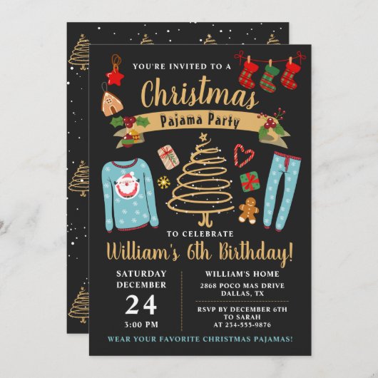 クリスマスパジャマパーティーボーイズスリープバー誕生日 招待状 (正面/裏面)