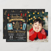 クリスマスパジャマパーティーボーイ誕生日写真 招待状 (正面/裏面)