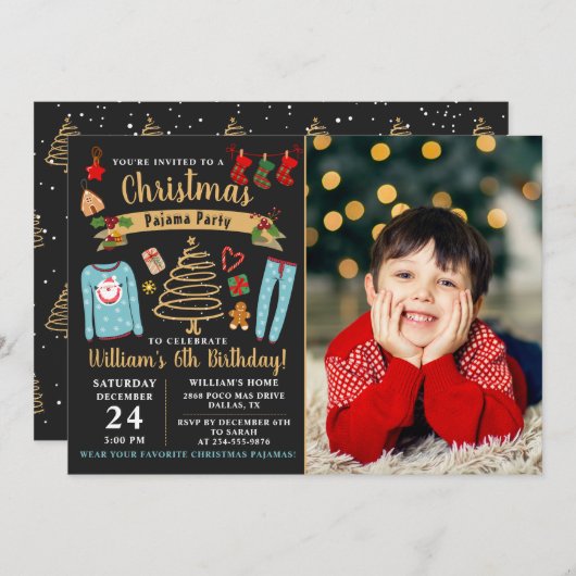 クリスマスパジャマパーティーボーイ誕生日写真 招待状 (正面/裏面)