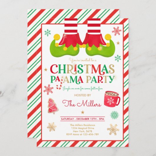 クリスマスパジャマパーティー エルフ ホリデーパジャマパーティー 招待状 (正面/裏面)
