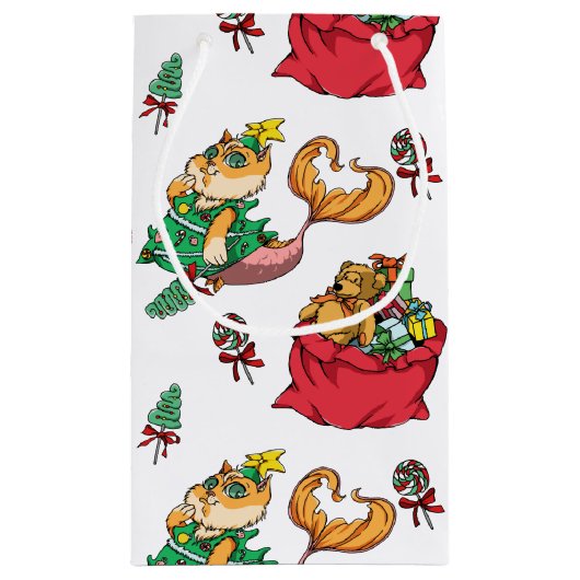 クリスマスパターおもしろいンのマーメイド猫 スモールペーパーバッグ (裏面)