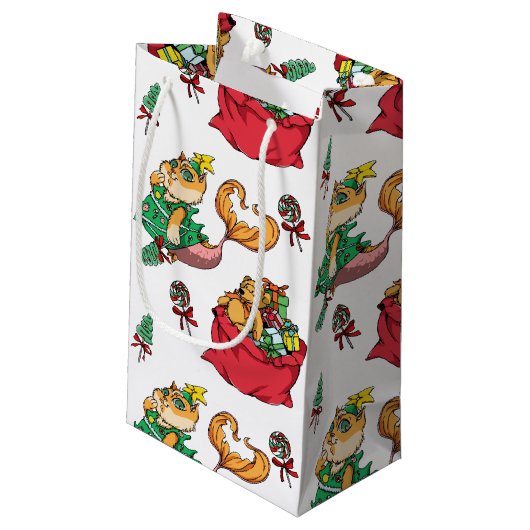 クリスマスパターおもしろいンのマーメイド猫 スモールペーパーバッグ (裏面アングル)