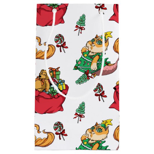 クリスマスパターおもしろいンのマーメイド猫 スモールペーパーバッグ (正面)