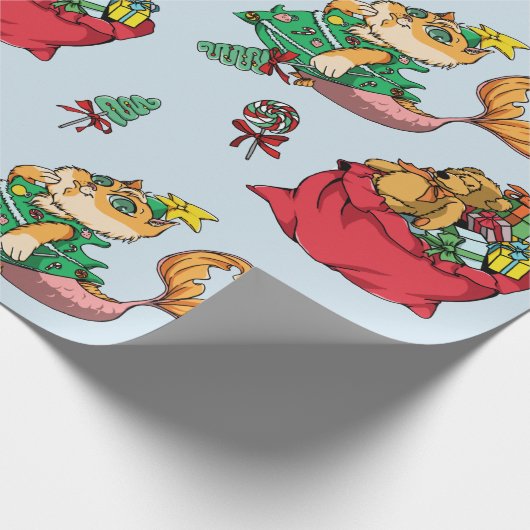クリスマスパターおもしろいンのマーメイド猫 ラッピングペーパー (角)