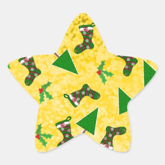 クリスマスパターンイエロークラシックのラウンドステッカー 星シール (正面)