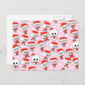 クリスマスパターンサンタおよびピンクの雪だるま シーズンポストカード (正面/裏面)