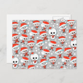 クリスマスパターンサンタおよび灰色の雪だるま シーズンポストカード (正面/裏面)