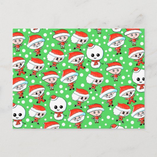 クリスマスパターンサンタと緑の雪だるま。 シーズンポストカード (正面)