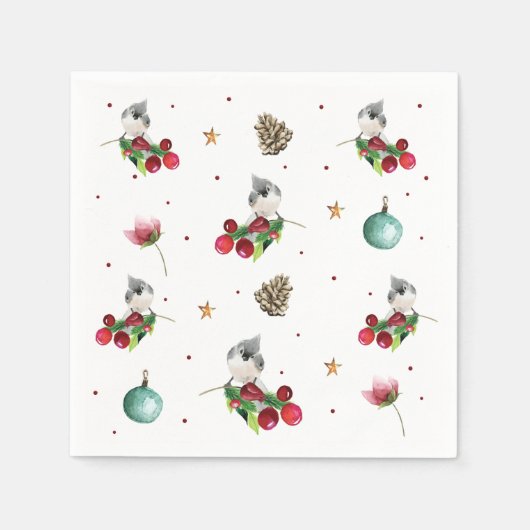 クリスマスパターン冬の鳥 スタンダードカクテルナプキン (正面)