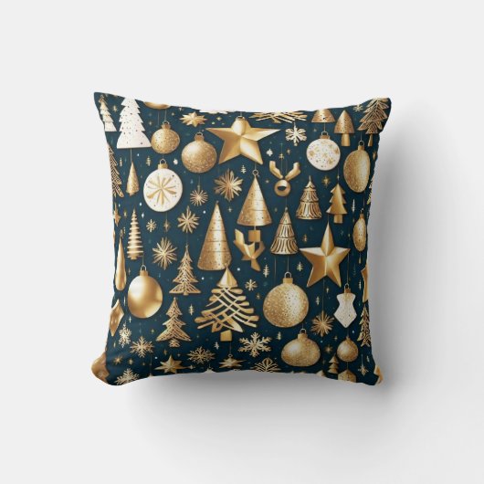 クリスマスパターン金ゴールドとブラックオーナメントの装飾 クッション (正面)