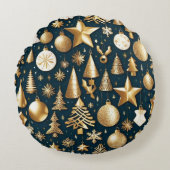 クリスマスパターン金ゴールドとブラックオーナメントの装飾 ラウンドクッション (正面)
