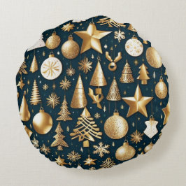 クリスマスパターン金ゴールドとブラックオーナメントの装飾 ラウンドクッション