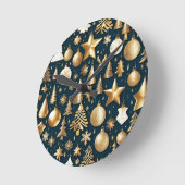 クリスマスパターン金ゴールドとブラックオーナメントの装飾 ラウンド壁時計 (傾斜)