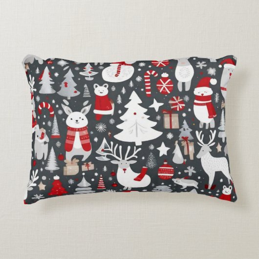 クリスマスパターン雪だるまサンタの木の灰色の装飾 アクセントクッション (正面)