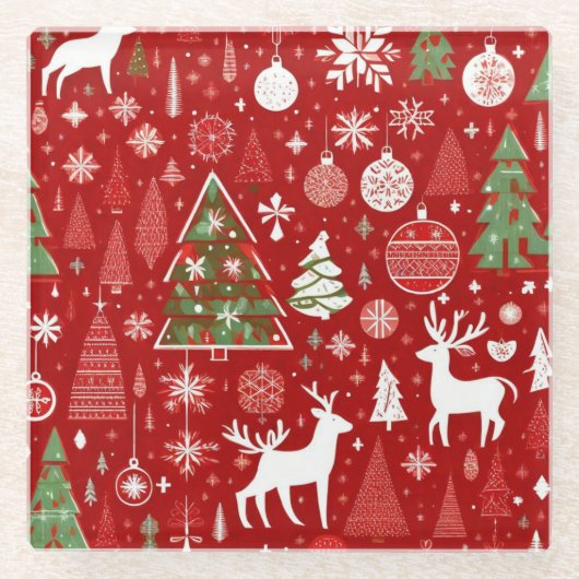 クリスマスパターン雪だるまサンタの木の灰色の装飾 ガラスコースター (正面)