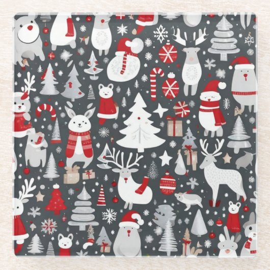 クリスマスパターン雪だるまサンタの木の灰色の装飾 ガラスコースター (正面)
