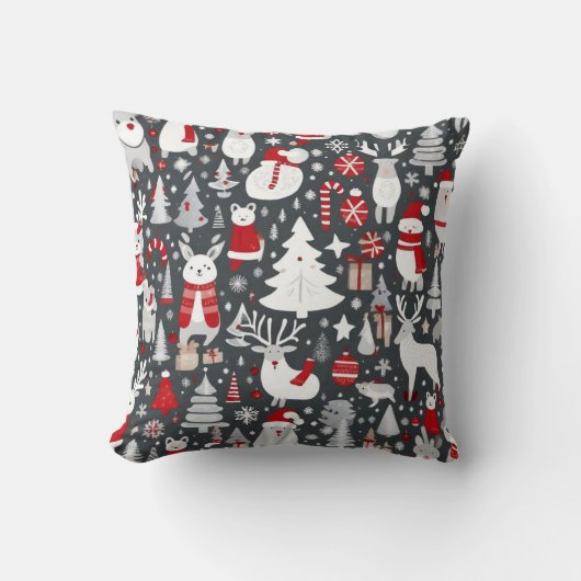 クリスマスパターン雪だるまサンタの木の灰色の装飾 クッション (正面)