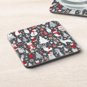 クリスマスパターン雪だるまサンタの木の灰色の装飾 コースター (左側)