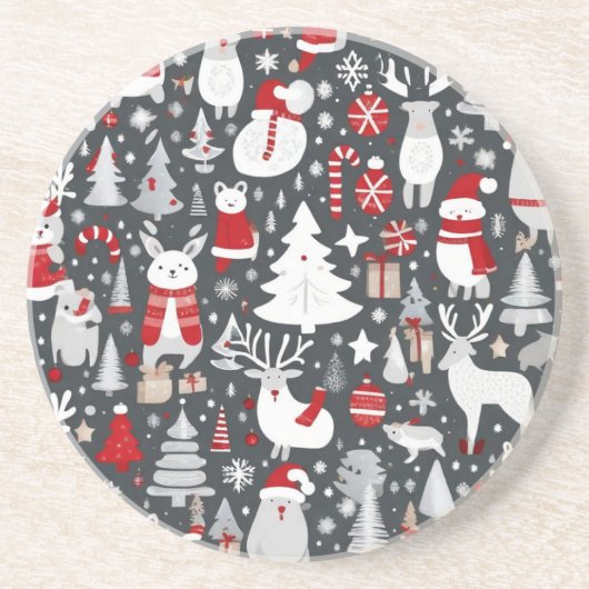 クリスマスパターン雪だるまサンタの木の灰色の装飾 コースター (正面)