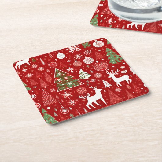 クリスマスパターン雪だるまサンタの木の灰色の装飾 スクエアペーパーコースター (アングル)