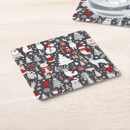 クリスマスパターン雪だるまサンタの木の灰色の装飾 スクエアペーパーコースター (アングル)