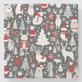 クリスマスパターン雪だるまサンタの木の灰色の装飾 ストーンコースター