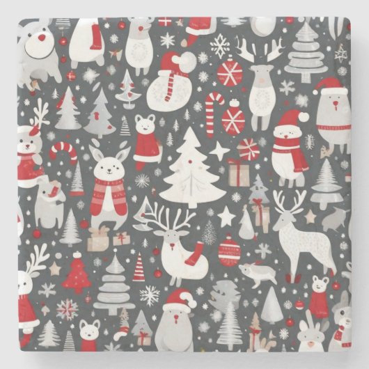 クリスマスパターン雪だるまサンタの木の灰色の装飾 ストーンコースター (正面)