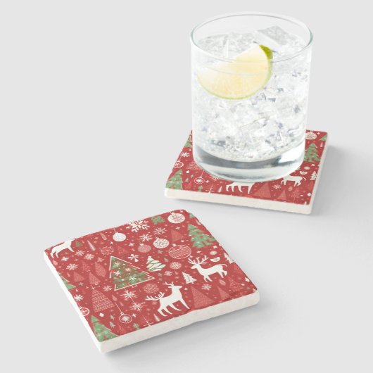 クリスマスパターン雪だるまサンタの木の灰色の装飾 ストーンコースター (横)