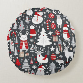 クリスマスパターン雪だるまサンタの木の灰色の装飾 ラウンドクッション
