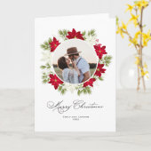 クリスマスパターン 花と松の円形写真 カード (黄色い花)