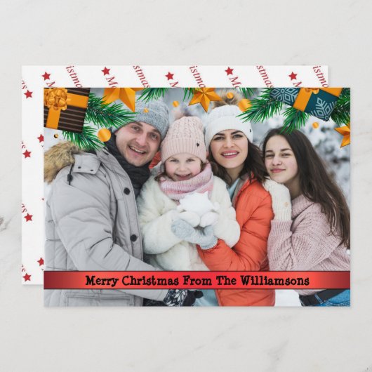 クリスマスパッケージ松の枝フレームクリスマスフォト シーズンカード (正面/裏面)