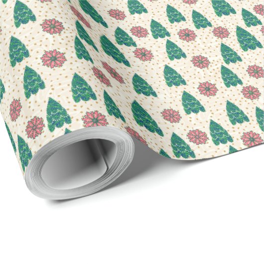 クリスマスパッチワークの木とポインセチア ラッピングペーパー (ロールコーナー)
