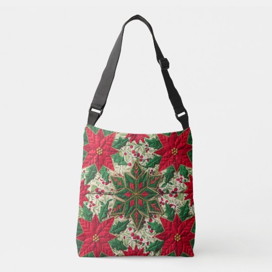 クリスマスパッチワークグリーン&レッドフローラスノーフレーク クロスボディバッグ (正面)