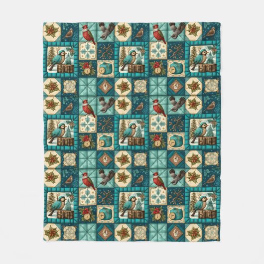 クリスマスパッチワーク素朴の鳥の冬の休日 フリースブランケット (正面)
