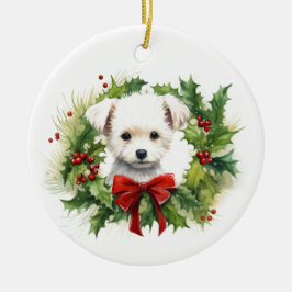 クリスマスパピードウィズホリデーリース セラミックオーナメント